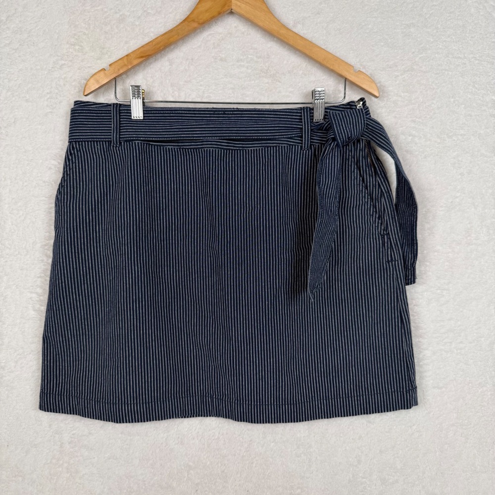 LOFT Mini Skirt Women 14 Navy Blue Pinstripe Tie Waist Cotton Blend Casual